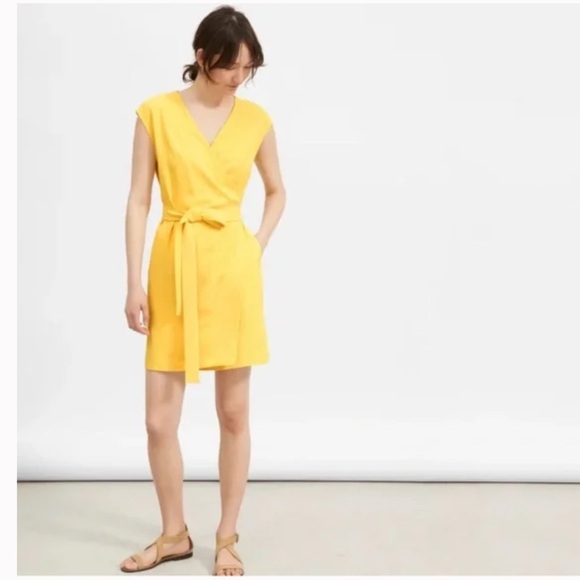 Everlane Women’s Japanese Go Weave Yellow Cap Sleeve Style Wrap Dress Minimalist - Picture 2 of 12